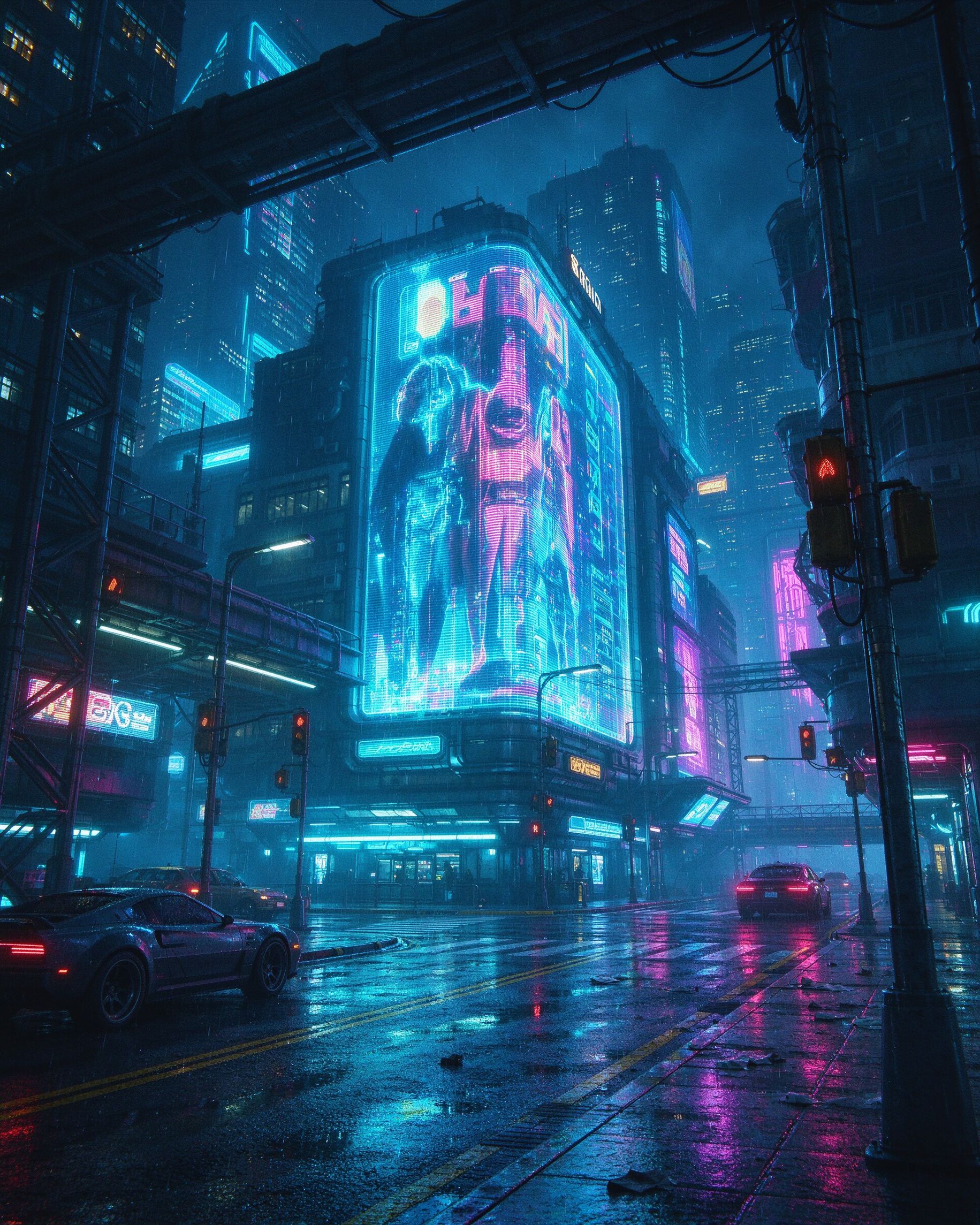 《霓虹雨巷》赛博朋克风格 AI 作品